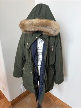 Olive Green Parka Coat with Faux Fur Trim - Women's Jacket